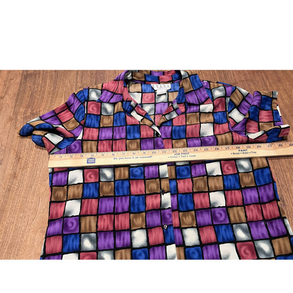 ERENA Vintage Blouse Sz Large Purple Fuchsia Pink Geometric Patchwork Look Shirt - Picture 6 of 7